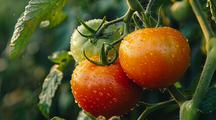Close Up of Three Tomatoes on a Plant.