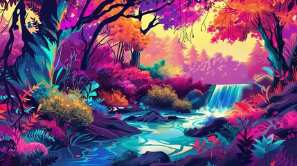 Fantastic colorful forest landscape with streamlet. Abstract design with surreal scenery.