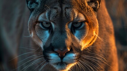 a close up shot of a mountain lion in the golden hour light. Generative AI