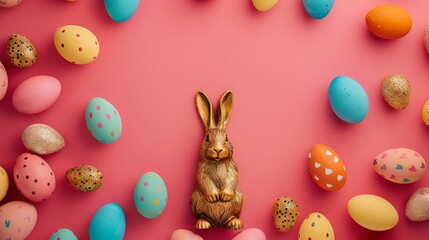 Gorgeous minimalist Easter backdrop adorned with vibrant eggs, a golden ceramic Easter bunny, and...