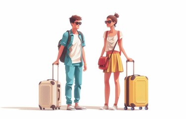 Whimsical wanderlust: amusing cartoons showcase tourists with suitcases, embarking on vibrant vacation escapades filled with fun, discovery, and adventure, exploring the world's wonders. - obrazy, fototapety, plakaty