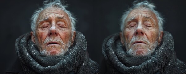 Portrait of a sad senior man with gray hair and scarf. Ai generated