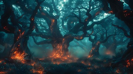 A surreal haunting forest with twisted trees fiery branches and eerie atmosphere. Concept Fantasy, Surreal, Haunting, Forest, Eerie,
