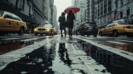 車道の真ん中で赤い傘をさして歩く女性