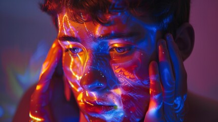 Vibrant Neon Light Illumination on Young Man's Face in Dark Room