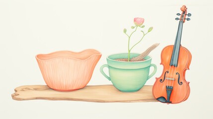 Delicate and minimal watercolor painting of an afternoon scene with a butterfly, violin, and flower pot, elegantly presented on a white background