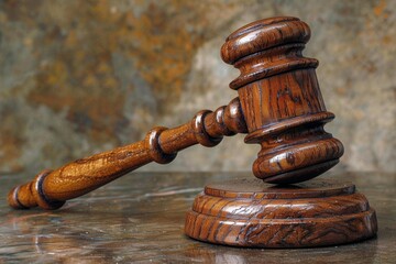 Powerful legal symbol: the gavel, poised for judgment, evoking the essence of law, order, and authority.