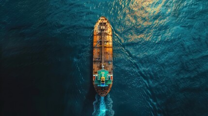 Aerial view huge crude oil tanker stopped in deep ocean of blue sea. AI generated image