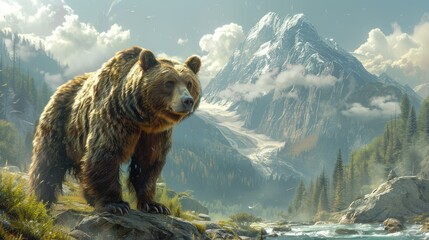 a black bear standing on all fours, surveying the breathtaking valley below amidst the towering mountains.