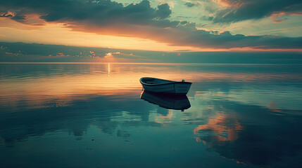 small boat in the water at sunset