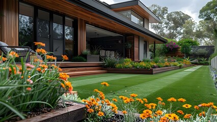 Modern Australian homes with artificial grass lawns timber edging and flower gardens. Concept Modern Homes, Artificial Grass, Timber Edging, Flower Gardens, Australian Architecture - obrazy, fototapety, plakaty