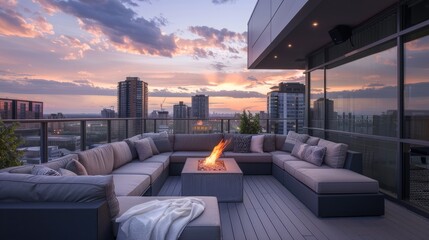 a sleek and modern terrace featuring glass railings, an outdoor sectional sofa, and a minimalist fire table, set against the backdrop of a dramatic skyline.
