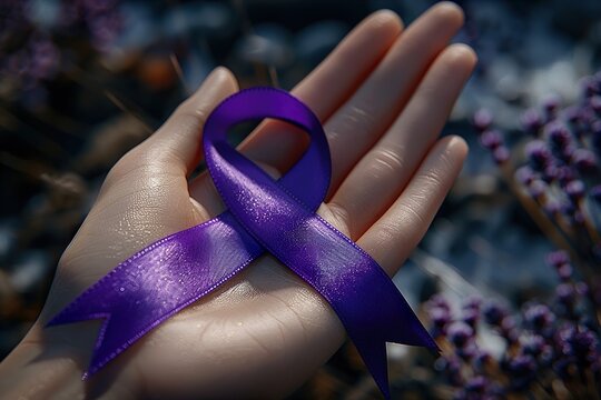 Hand of Woman with Purple Ribbon for World cancer Day, a Domestic Violence, Leprosy awareness copy space,