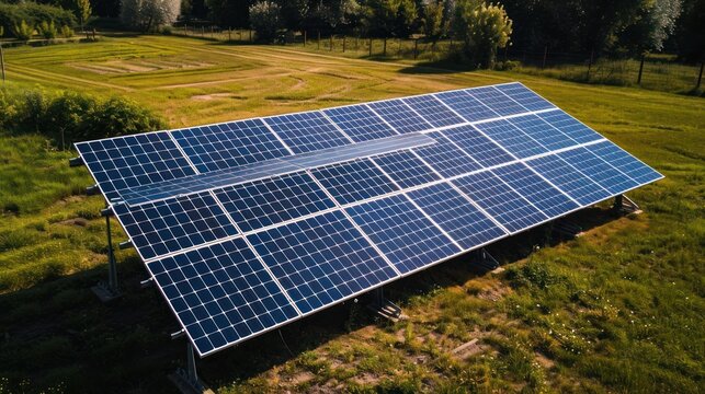 Aerial view of solar panels of eco energy renewable photovoltaic on field with tress. AI generated