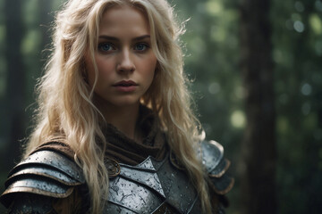 Elf girl, blonde in armor in the forest. A fabulous hero.
