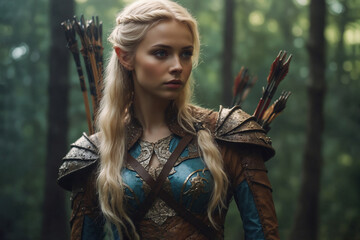Elf girl, blonde in armor in the forest. A fabulous hero. - obrazy, fototapety, plakaty