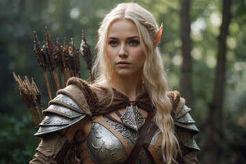 Elf girl, blonde in armor in the forest. A fabulous hero. - obrazy, fototapety, plakaty
