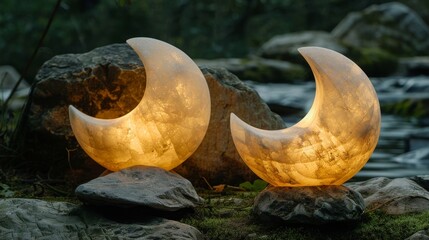 Two lit candles in the shape of a crescent moon on a rock