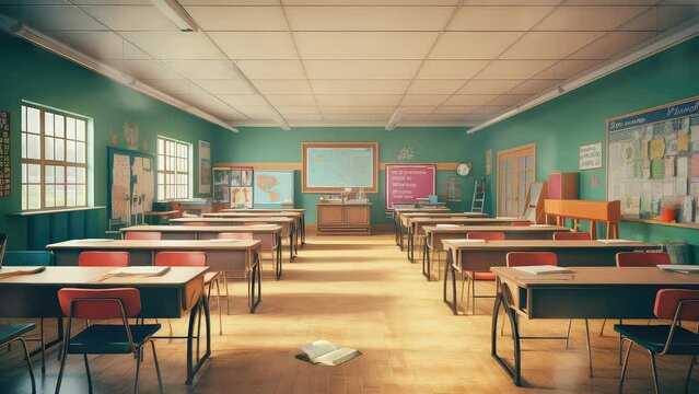 Animation empty school or university classroom with big chalkboard. seamless 4k video background. generated with ai