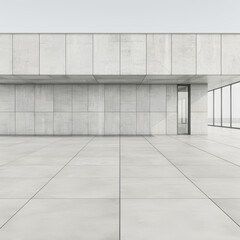 A large, empty building with a glass door. The building is made of concrete and has a modern, minimalist design. The glass door allows natural light to enter the building, creating a bright