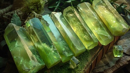 A group of green crystals are sitting on a wooden surface