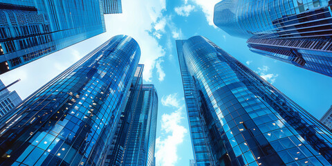 A city skyline with tall buildings and a clear blue sky. The buildings are all made of glass and are very tall