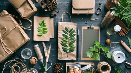 Flat lay of eco-friendly gift wrapping and packaging materials with greenery on a dark wooden background