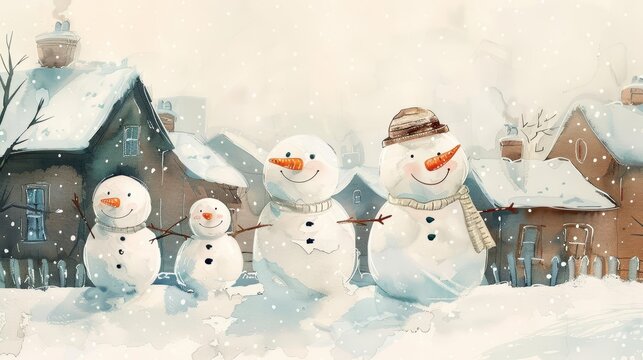 A family of snowmen in the backyard, their carrot noses and coal eyes lovingly painted in minimal watercolor, kawaii
