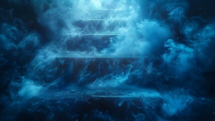 Ethereal blue smoke ascends a staircase hinting at a ghostly journey. Concept Fantasy, Staircase, Blue Smoke, Ethereal, Ghostly Journey