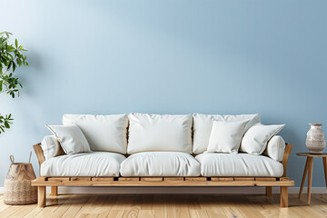 Minimalist Wooden Sofa with White Cushions Against a Pale Blue Wall
