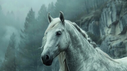 A White Horse Amidst the Foggy Wilderness. Generative AI