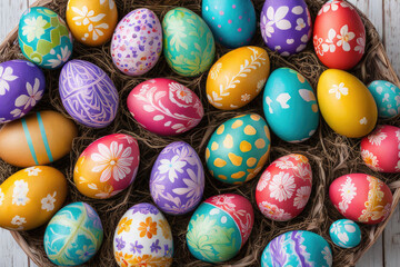 Fototapeta premium Colorful easter eggs packed in wooden cases