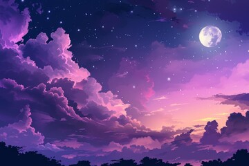 Naklejka na ściany i meble Gradient mystical moonlight sky with clouds and stars, Fantasy Skyline with Moon and Stars Above Clouds purple gradient mystical moonlight sky, Ai generated