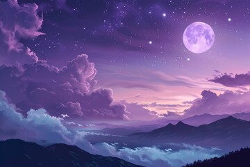 Gradient mystical moonlight sky with clouds and stars, Fantasy Skyline with Moon and Stars Above Clouds purple gradient mystical moonlight sky, Ai generated