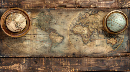 Two globes are on a wooden surface with a map of the world in between them. The map is old and has a vintage feel to it. The globes and map create a sense of wanderlust and adventure