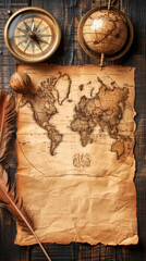 A map of the world is on a piece of paper with a compass and a feather on it