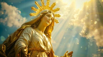 Virgin Mary with a golden crown against a sky with clouds and sunlight