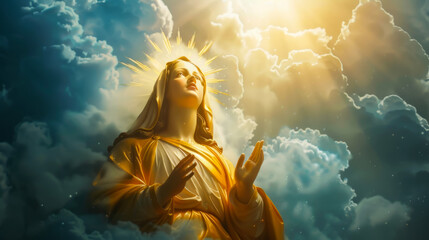 Virgin Mary statue with radiant halo against clouds and sunbeams