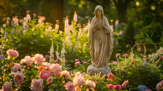 Virgin Mary statue standing in a blossoming garden