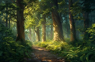 Mystical forest with towering trees 