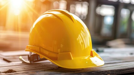 Yellow safety construction helmet on wood table with construction site background