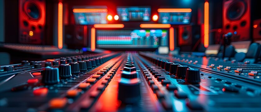 Closeup of audio mixing console in professional sound studio during live broadcast. Concept Studio Audio Equipment, Live Broadcast, Professional Sound Studio, Closeup Shot, Broadcasting Technology