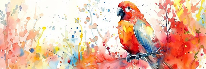 Naklejka premium A parrot recites poems from its perch, its feathers a vivid watercolor painting of words and whimsy, kawaii