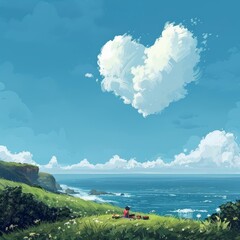 A picnic on a grassy hill overlooking the ocean with a heartshaped cloud in the sky - obrazy, fototapety, plakaty
