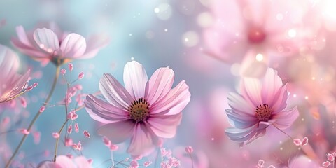 Close-up of pink cosmos flowers with soft focus and bokeh on a pastel background