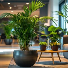 Closeup on an elegant office plant arrangement, focusing on the interplay of greenery and workspace design to enhance the work environment