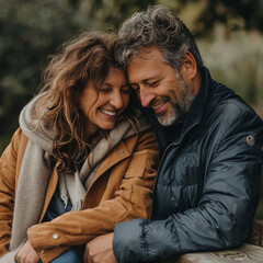 Fototapeta premium Happy senior couple in autumn park. Smiling man and woman embracing. AI.