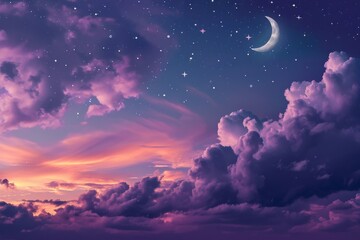 Obraz na płótnie Canvas Gradient mystical moonlight sky with clouds and stars, Fantasy Skyline with Moon and Stars Above Clouds purple gradient mystical moonlight sky, Ai generated