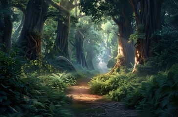 Mystical forest with towering trees 