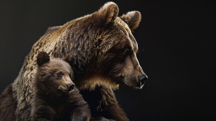 Mother bear with her two cubs on black background. Studio shot. AI.